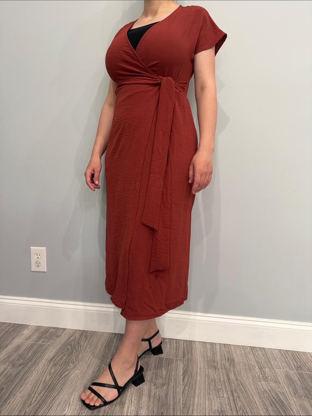 Wrap Midi Dress in Rustic Red - Elegant Women's Dress